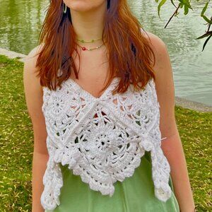 Handmade White Crochet Tank-Top Patchwork Granny Squares